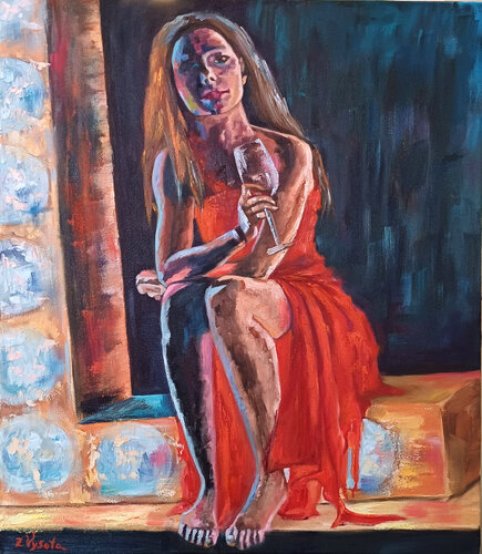 Girl in Red With a Glass of Champagne. van Zinaida Vysota Dacenko, Schilderij te koop op Singulart