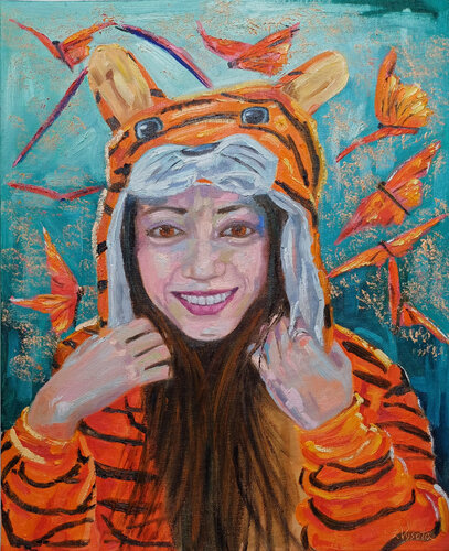 A Girl in a Tiger Costume or a Tiger in a Girl Costume. von Zinaida Vysota Dacenko, Malerei kaufen auf Singulart