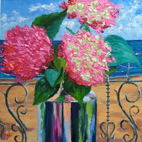 Hydrangeas by the Sea. von Zinaida Vysota Dacenko, Malerei kaufen auf Singulart