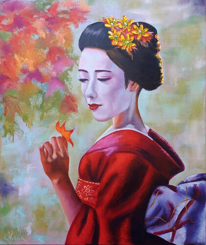 Reflections of a Geisha - Whisper of the Autumn Garden. di Zinaida Vysota Dacenko, Pittura in vendita su Singulart