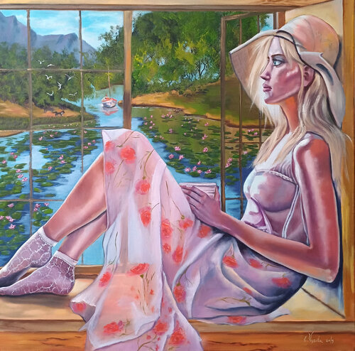 Quiet Evening by the Open Window. van Zinaida Vysota Dacenko, Schilderij te koop op Singulart