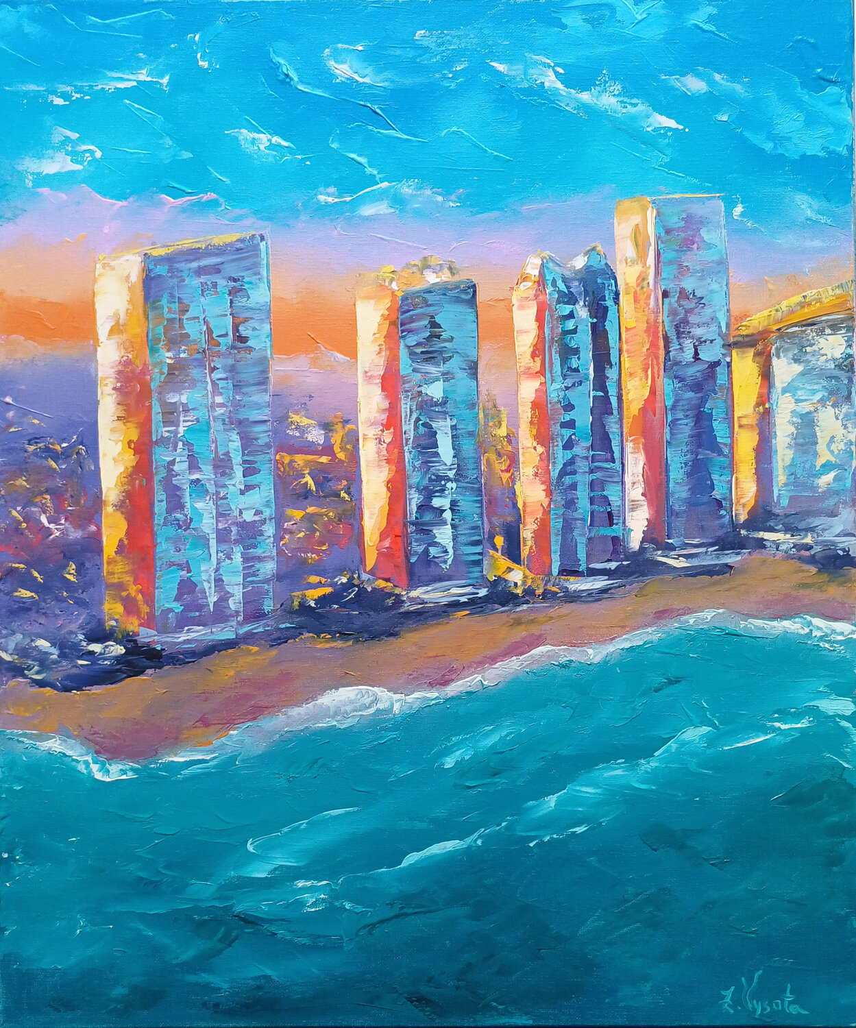 City at the Water’s Edge. Zinaida Vysota Dacenko Originalgemälde zu verkaufen