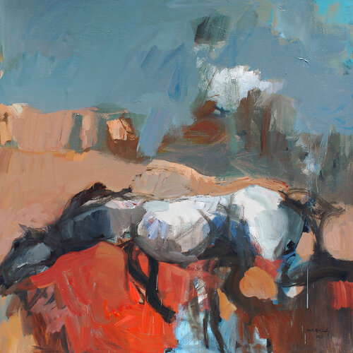The Horse That Cushioned the Land of Its Absent Owner's House van Qais Al Sindy, Schilderij te koop op Singulart