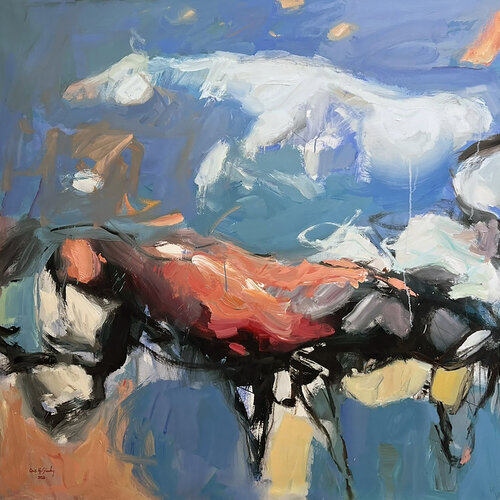 Horses in Red -1 van Qais Al Sindy, Schilderij te koop op Singulart