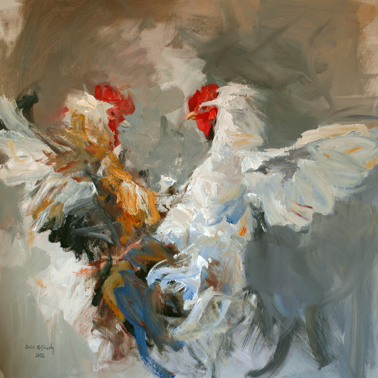 Clash of Roosters-1 Qais Al Sindy Originalgemälde zu verkaufen