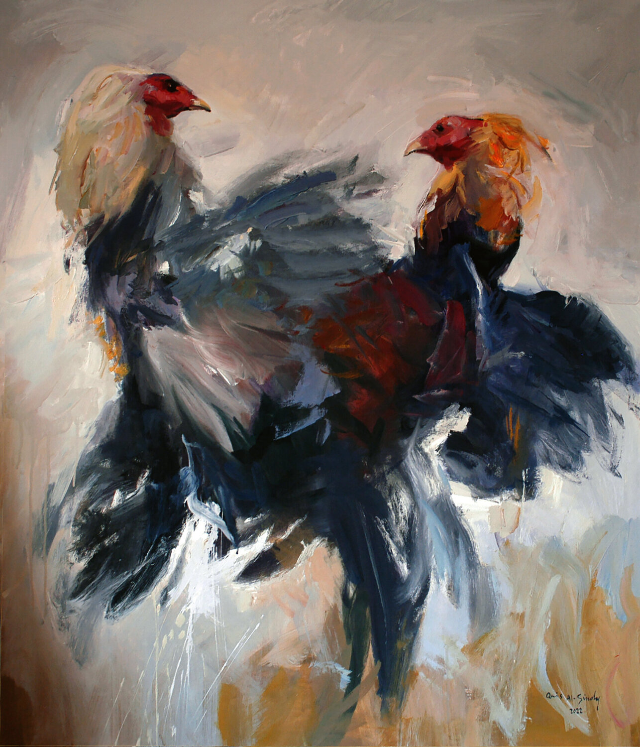 Clash of Roosters-2 Qais Al Sindy Originalgemälde zu verkaufen