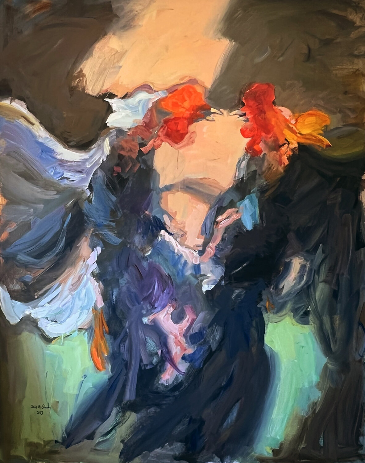 Expressionist of Clash of Roosters. Qais Al Sindy Peinture originale à vendre