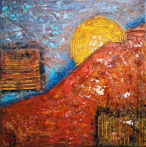 Sonnenuntergang Apulien, Abstrakt mit Strukturpaste, Pinsel und Spachteltechnik. van Tatiana Guennewig, Schilderij te koop op Singulart