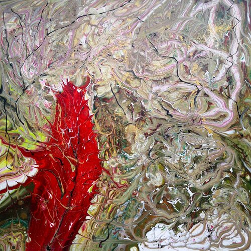 Die Kakstusblüte - Acrylic Pouring mit einem Touch Glitzer van Tatiana Guennewig, Schilderij te koop op Singulart