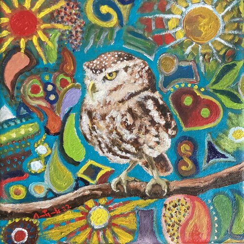 Doodle with little owl van Anne-Tjerk Mante, Schilderij te koop op Singulart