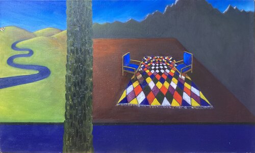 Double Landscape with carpet and two chairs by Anne-Tjerk Mante, Painting for Sale on Singulart