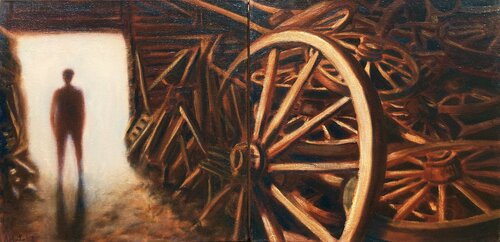 Man in doorway / Pile of cart wheels di Anne-Tjerk Mante, Pittura in vendita su Singulart