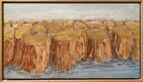 Eilandjes en wolken met gebrande sienna, gele oker, blauw en wit van Anne-Tjerk Mante, Schilderij te koop op Singulart