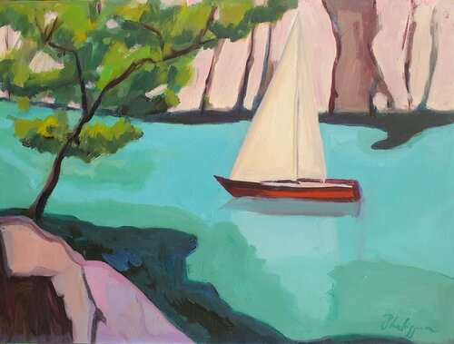 Le voilier dans les Calanques von Michel Phelippeau, Malerei kaufen auf Singulart