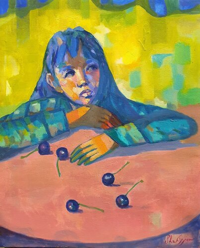 Jeune fille aux cerises di Michel Phelippeau, Pittura in vendita su Singulart