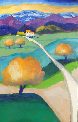 Les arbres jaunis au soleil di Michel Phelippeau, Pittura in vendita su Singulart