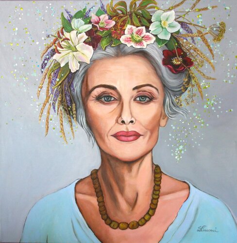 Herbst oder Dame mit Herbstblumen de Monika Linard, Pintura a la venta en Singulart