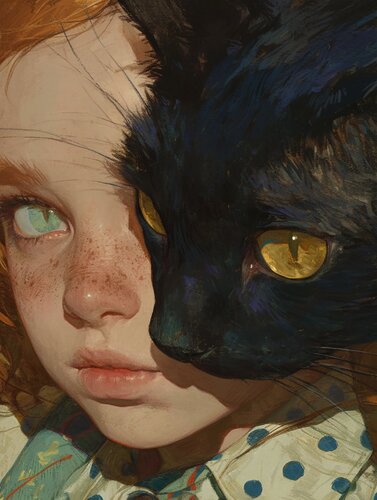 Giclée Print 50x70 cm - Girl with a Black Cat von Roger Haus, Druck kaufen auf Singulart