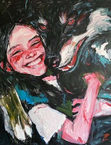 Wolf Painting with Anna Dart (81x100 cm) I Animal Instinct #35 van Roger Haus, Schilderij te koop op Singulart