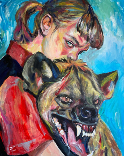 Hyena Painting with Anna Dart (81x100 cm) I Heartbroken van Roger Haus, Schilderij te koop op Singulart