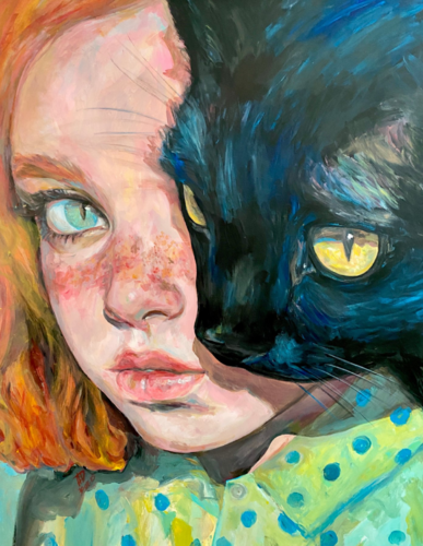 Cat Painting with Anna Dart (81x100 cm) I Girl with a Black Cat van Roger Haus, Schilderij te koop op Singulart