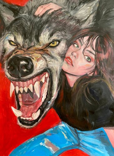 Wolf Painting with Anna Dart (81x100 cm) I Selfie van Roger Haus, Schilderij te koop op Singulart