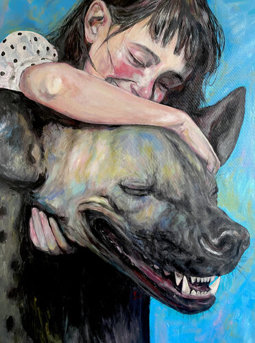 Hyena Painting with Anna Dart (81x100 cm) I Buddies van Roger Haus, Schilderij te koop op Singulart