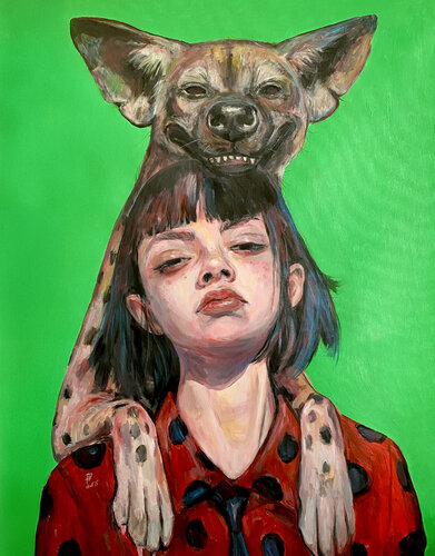 Hyena Painting with Anna Dart (81x100 cm) I Good Morning van Roger Haus, Schilderij te koop op Singulart