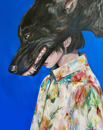 Wolf Painting with Anna Dart (81x100 cm) I Mask van Roger Haus, Schilderij te koop op Singulart