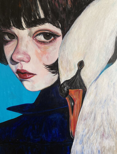 Swan Painting with Anna Dart (81x100 cm) I Swan's Truth van Roger Haus, Schilderij te koop op Singulart