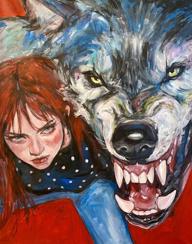 Wolf Painting with Anna Dart (81x100 cm) I Warning van Roger Haus, Schilderij te koop op Singulart