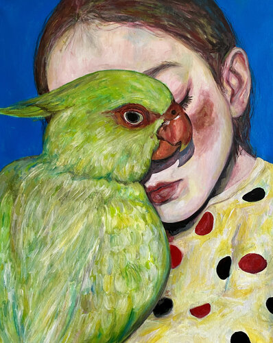 Parrot Painting with Anna Dart (81x100 cm) I Animal Instinct 4 van Roger Haus, Schilderij te koop op Singulart