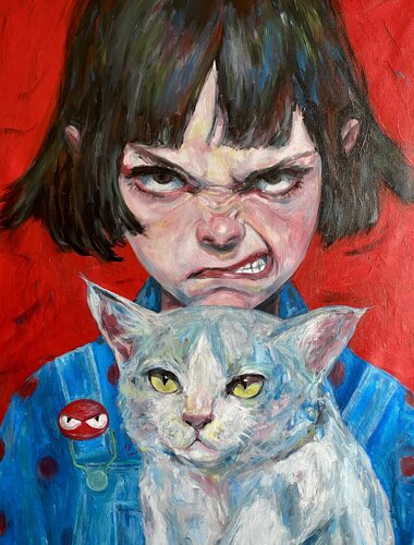 Cat Painting with Anna Dart (81x100 cm) I Emoji van Roger Haus, Schilderij te koop op Singulart