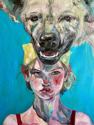 Hyena Painting with Anna Dart (81x100 cm) I Beach van Roger Haus, Schilderij te koop op Singulart