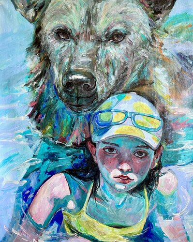 Hyena Painting with Anna Dart (81x100 cm) I Vacations van Roger Haus, Schilderij te koop op Singulart