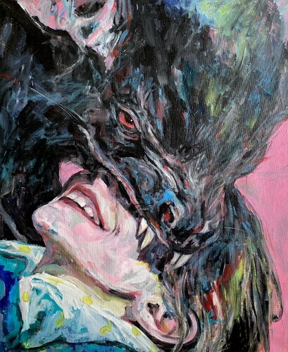 Bat Painting with Anna Dart (50x60 cm) I Bat's Love van Roger Haus, Schilderij te koop op Singulart