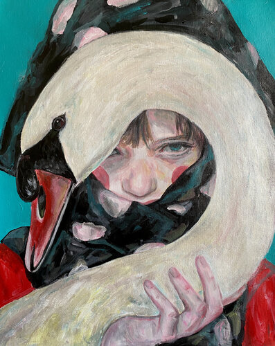 Swan Painting with Anna Dart (50x60 cm) I Cham van Roger Haus, Schilderij te koop op Singulart
