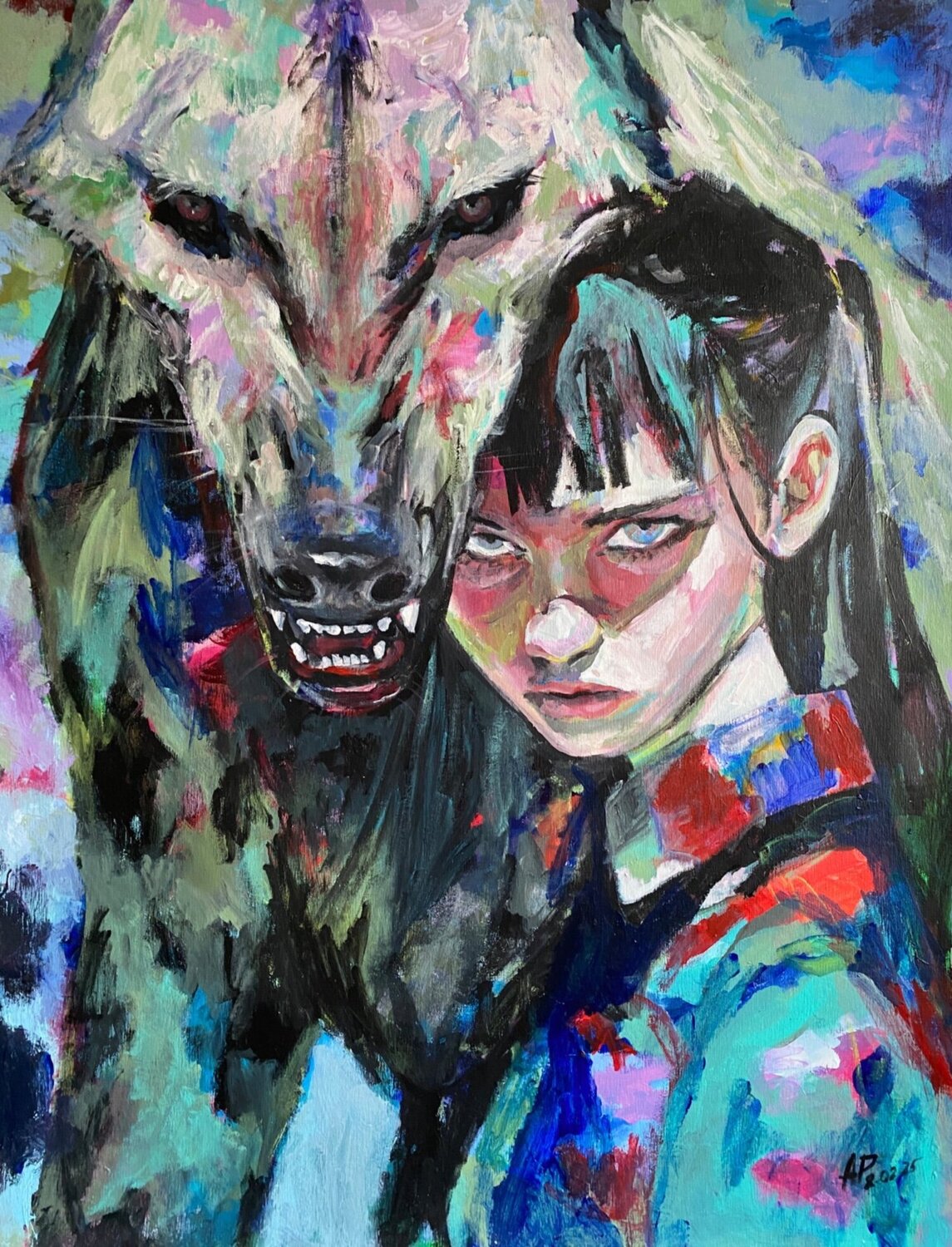 Hyena Painting with Anna Dart (81x100 cm) I Demon Roger Haus Original painting for sale