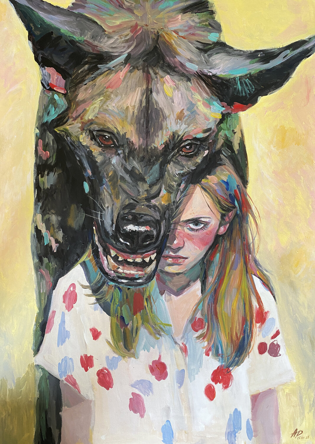 Hyena Painting with Anna Dart (71x100 cm) I Fearless Roger Haus Original painting for sale