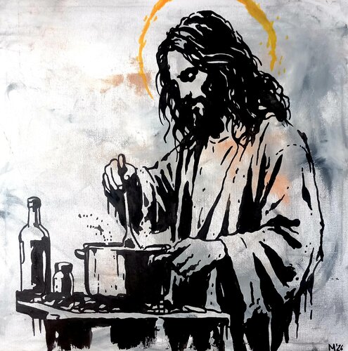 Kochen mit Jesus by Ole Müller, Painting for Sale on Singulart
