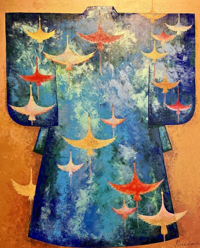 Kimono Painting Original Artwork Japanese Traditional Costume Large Modern Contemporary Golden Bird Art 120/100 von Nataliya Rozhdestvenskaya, Malerei kaufen auf Singulart