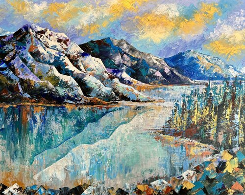 Rocky Mountains Original  Artwork 80/100 Lake Painting Mountain Snowy von Nataliya Rozhdestvenskaya, Malerei kaufen auf Singulart