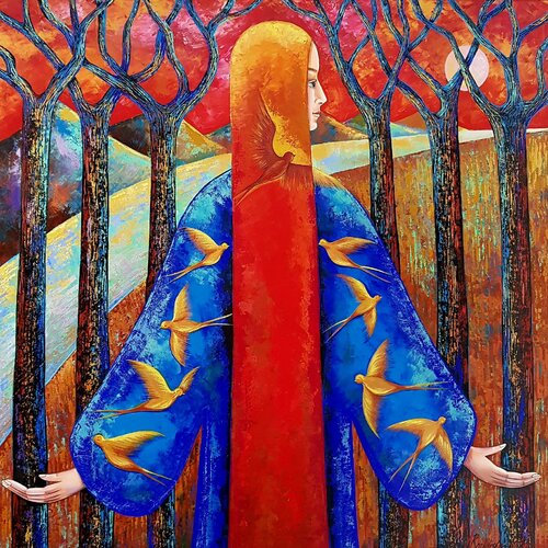 Girl Bird Painting Original Art 100/100 Bright Artwork Nataliya Rozhdestvenskaya