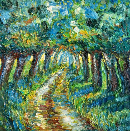 Alley with Trees Painting Impasto Oil Artwork Trees Painting Summer Landscape par Nataliya Rozhdestvenskaya, Peinture en vente sur Singulart