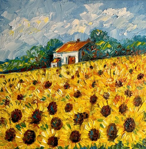 Sunflowers Painting Original Oil Artwork Field of Sunflowers Flowers Painting Summer Landscape Nataliya Rozhdestvenskaya