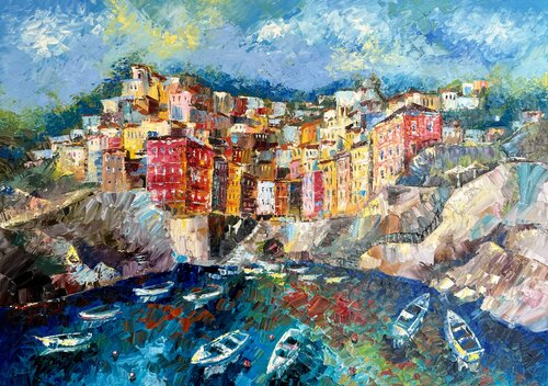 Cinque Terre Painting Oil  Landscape Ligurian Coastline Painting Italian Art Nataliya Rozhdestvenskaya