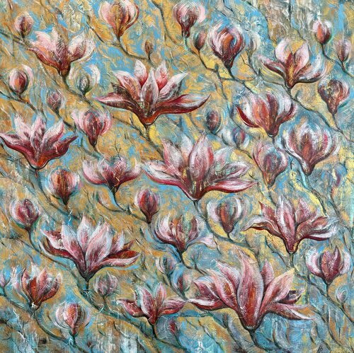 Magnolia Painting Original Artwork 100x100 Flowers Textured Modern Large Art by Nataliya Rozhdestvenskaya, Painting for Sale on Singulart