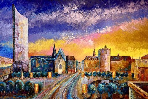 Leipzig Original Artwork Sunset City Landscape Painting 120/80 von Nataliya Rozhdestvenskaya, Malerei kaufen auf Singulart