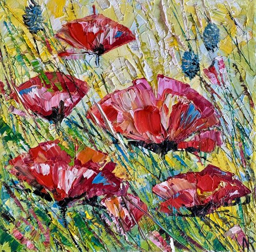 Poppies Painting Original Oil Artwork Impasto Red Poppies Flower Field 20/20 Nataliya Rozhdestvenskaya