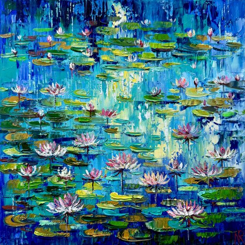 Water Lily Painting Original Oil Artwork 30/30 Water Lilies in the Lake Flowers Painting Impasto Nataliya Rozhdestvenskaya